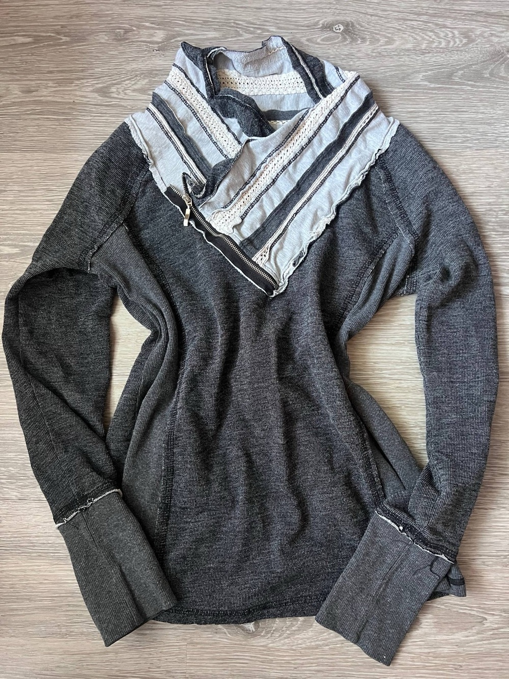 Y2K Charcoal Gray Sweater with Striped Cowl Neck